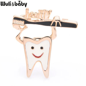 Enamel Tooth Toothbrush Brooches Women Silver Tooth Healthy Dentist Brooch