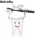 Enamel Tooth Toothbrush Brooches Women Silver Tooth Healthy Dentist Brooch