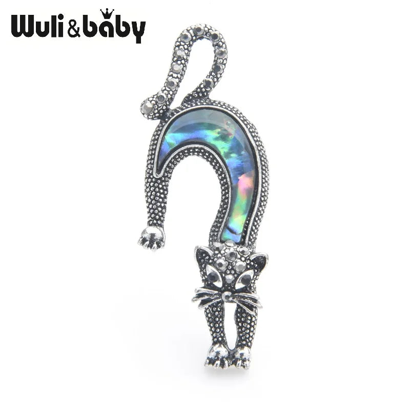 Natural Shell Cat Brooches Women Lovely Running Cat Animal Brooch Pins