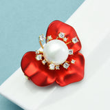 Red Enamel Pearl Flower Brooch Pins Zircon Women Party Jewelry