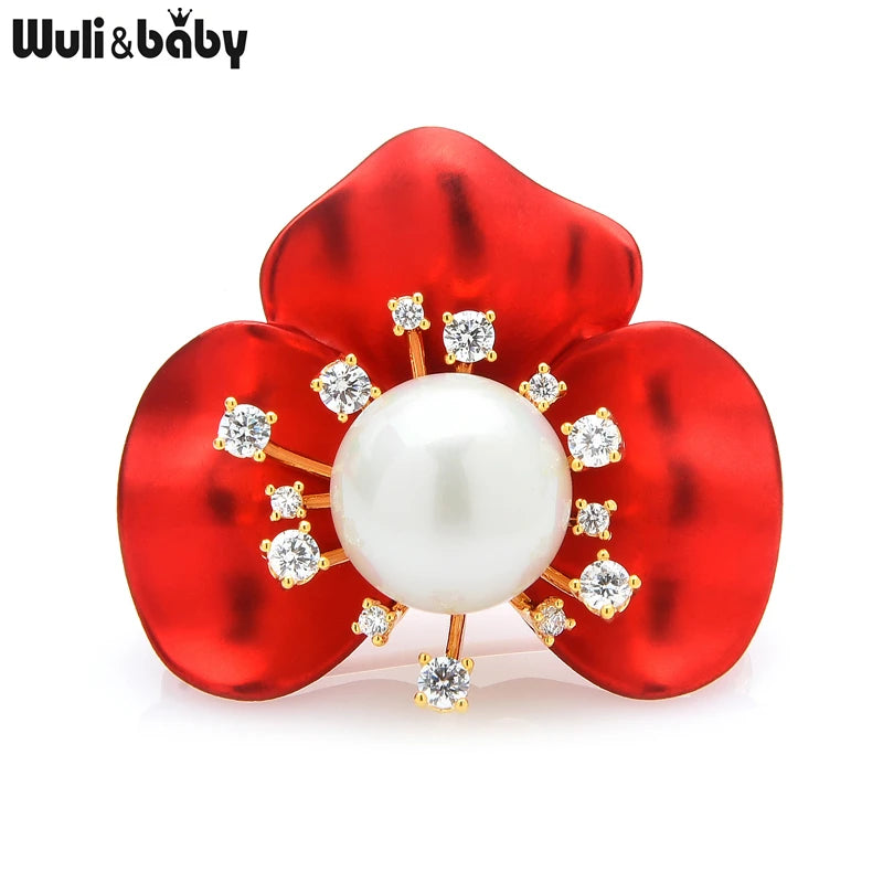 Red Enamel Pearl Flower Brooch Pins Zircon Women Party Jewelry