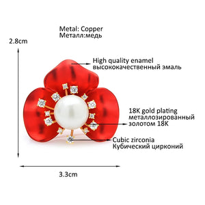 Red Enamel Pearl Flower Brooch Pins Zircon Women Party Jewelry