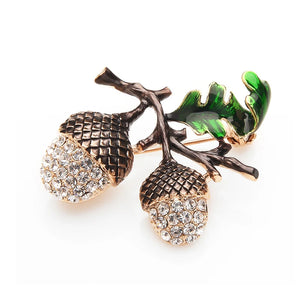 Pine Tower Enamel Brooch Rhinestone Oak Acorns