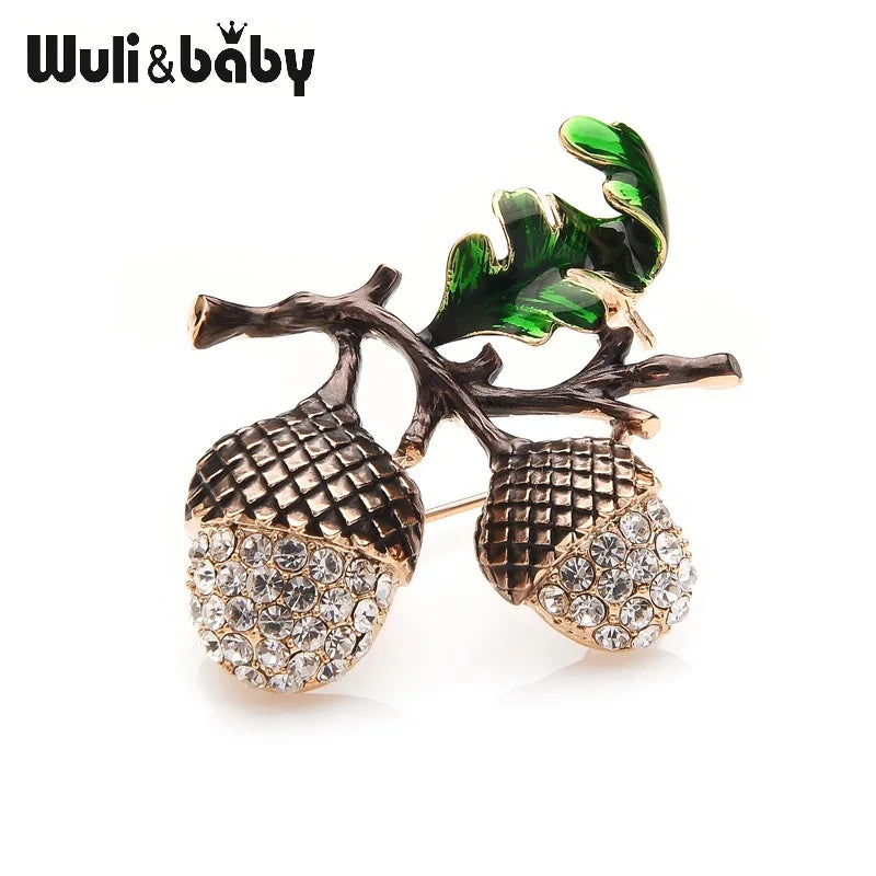 Pine Tower Enamel Brooch Rhinestone Oak Acorns
