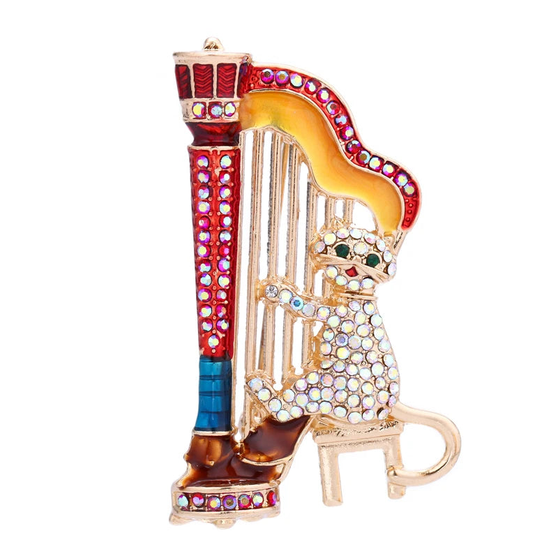 Music Cat Brooch Playing Harp Multicolor Rhinestone Animal