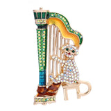 Music Cat Brooch Playing Harp Multicolor Rhinestone Animal