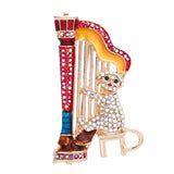 Music Cat Brooch Playing Harp Multicolor Rhinestone Animal