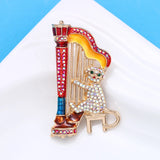 Music Cat Brooch Playing Harp Multicolor Rhinestone Animal