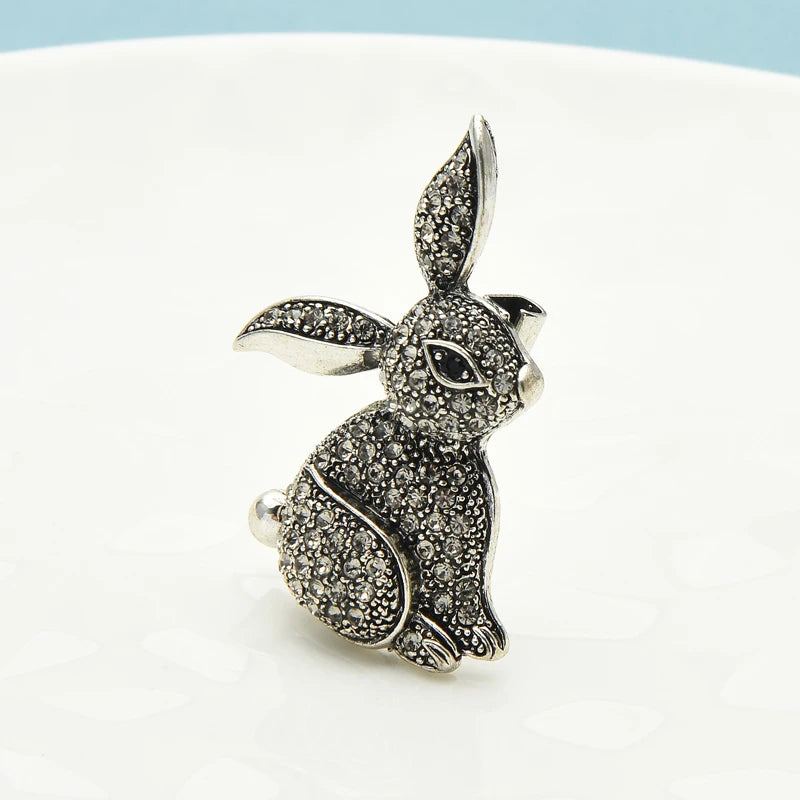 Vintage Rhinestone Rabbit Brooch Unisex Bunny Animal Pin