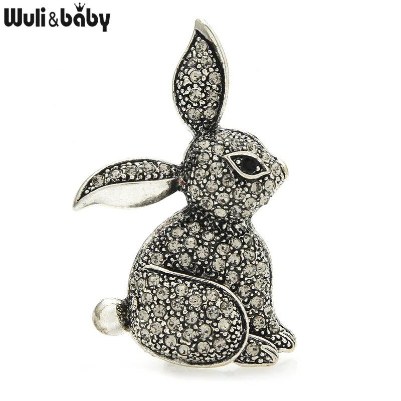 Vintage Rhinestone Rabbit Brooch Unisex Bunny Animal Pin