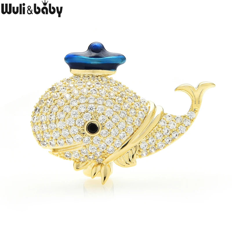 Hat Whale Fish Brooches 2-color Czech Rhinestone Sea Animal Pins