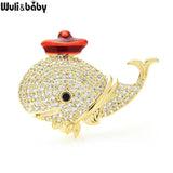 Hat Whale Fish Brooches 2-color Czech Rhinestone Sea Animal Pins