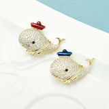 Hat Whale Fish Brooches 2-color Czech Rhinestone Sea Animal Pins