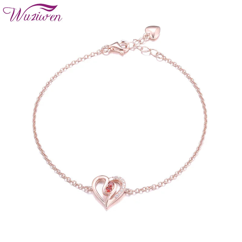 925 Silver Rose Red Zircon Heart Chain Bracelet 0.15Ct