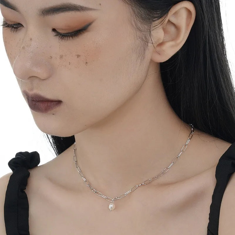 ZFSILVER S925 Sterling Silver Oval Baroque Necklace For Women