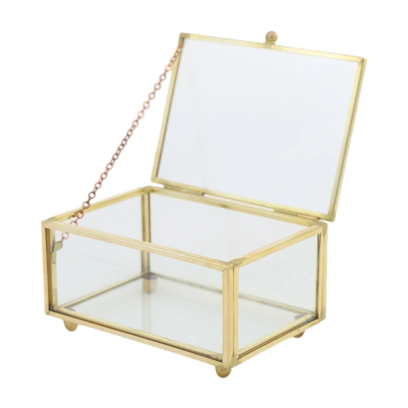 Vintage Glass Metal Jewelry Box Slanted Lid Shadow Box Keepsake Storage
