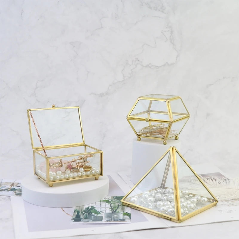 Vintage Glass Metal Jewelry Box Slanted Lid Shadow Box Keepsake Storage
