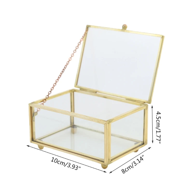 Vintage Glass Metal Jewelry Box Slanted Lid Shadow Box Keepsake Storage