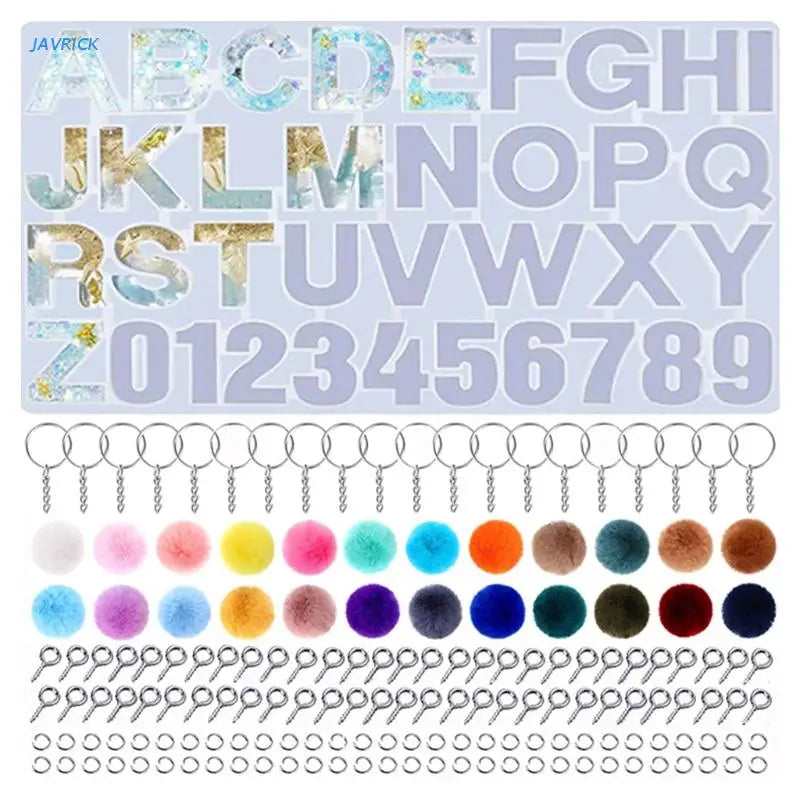 Epoxy Resin Mold for DIY Letter Number Pendant with Fluffy Ball Keychain