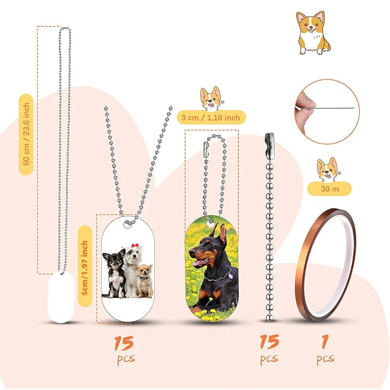 X7YA 31Pcs Dog Tag with Adjustable Strap Blank Sublimation Stamping Tag Metal