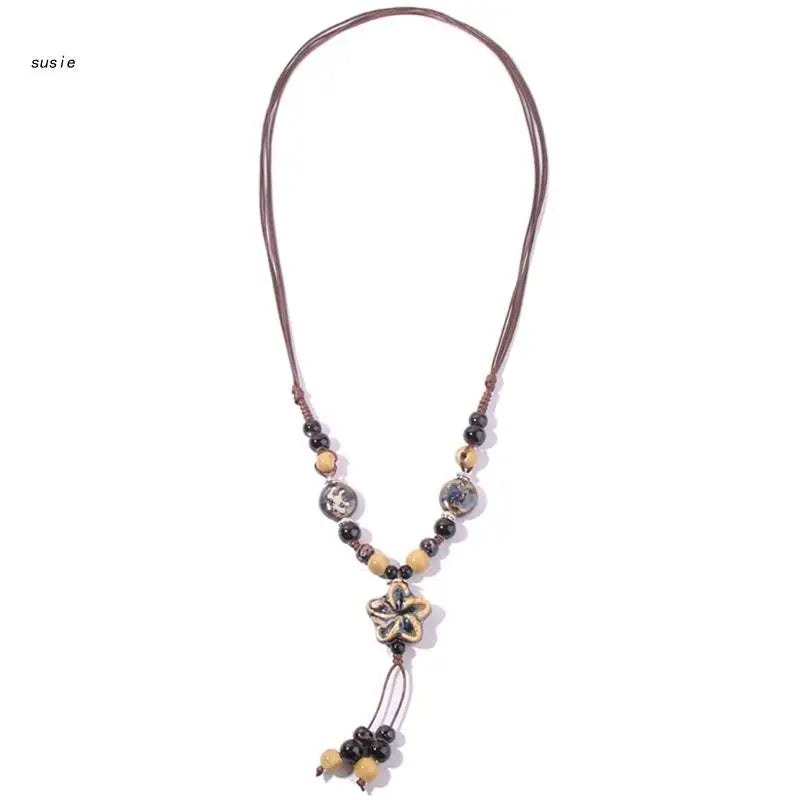 Boho Ethnic Long Necklace with Flower Charm Bead Tassel - Colorful