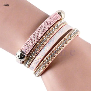 Leather Wrap Wristband Punk Crystal Rhinestone Multilayer Cuff Bracelet Bangle