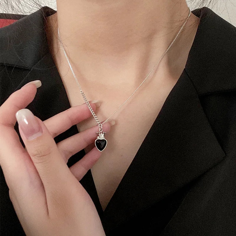 925 Silver Heart with Crown Pendant Necklace Vintage Jewelry Women Birthday
