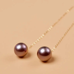Pure18K Long Natural Freshwater Pearl Earrings Purple 5.5-8.5MM AU750