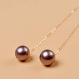 Pure18K Long Natural Freshwater Pearl Earrings Purple 5.5-8.5MM AU750