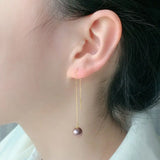 Pure18K Long Natural Freshwater Pearl Earrings Purple 5.5-8.5MM AU750