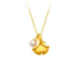 Real 24K 999 Ginkgo Biloba Pendant Necklace Pure 18K Chain Fine Jewelry
