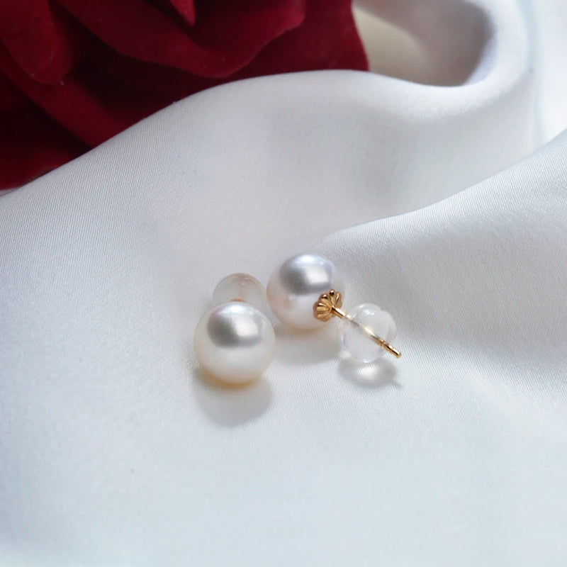 Natural Freshwater Pearl Stud Earrings AU750 18k Needle Women's Wedding