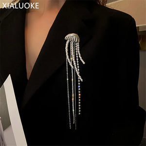 Vintage Crystal Pearl Jellyfish Brooch with Tassels