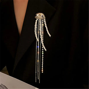 Vintage Crystal Pearl Jellyfish Brooch with Tassels