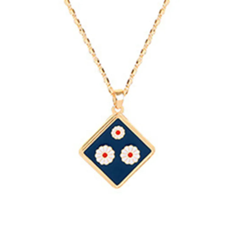 Geometric Square Epoxy Daisy Pendant Necklace for Women
