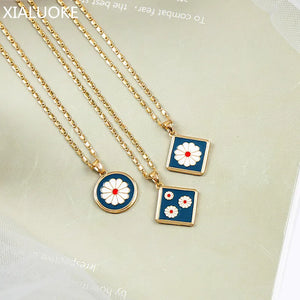 Geometric Square Epoxy Daisy Pendant Necklace for Women