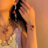 Romantic Resin Rose Flower Petal Pearl Tassel Necklace Set