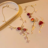 Romantic Resin Rose Flower Petal Pearl Tassel Necklace Set