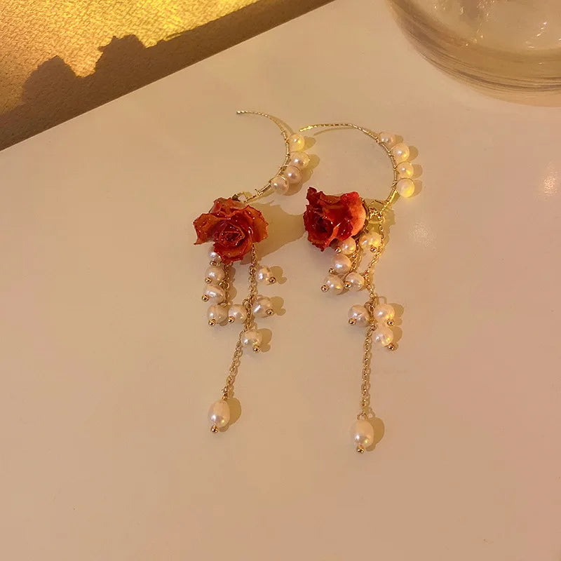 Romantic Resin Rose Flower Petal Pearl Tassel Necklace Set