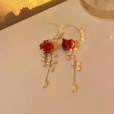 Romantic Resin Rose Flower Petal Pearl Tassel Necklace Set