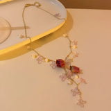 Romantic Resin Rose Flower Petal Pearl Tassel Necklace Set
