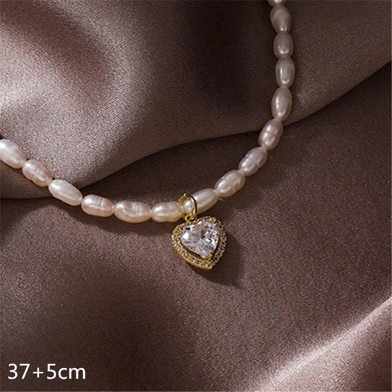 Rectangle Heart Pendant Necklace Crystal Glass Freshwater Pearls Necklaces