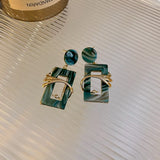 Green Square Acrylic Metal Crystal Drop Earrings Vintage Party Jewelry