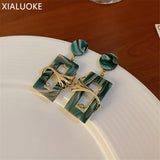 Green Square Acrylic Metal Crystal Drop Earrings Vintage Party Jewelry