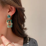 Green Square Acrylic Metal Crystal Drop Earrings Vintage Party Jewelry
