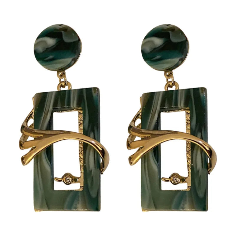 Green Square Acrylic Metal Crystal Drop Earrings Vintage Party Jewelry