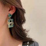 Green Square Acrylic Metal Crystal Drop Earrings Vintage Party Jewelry