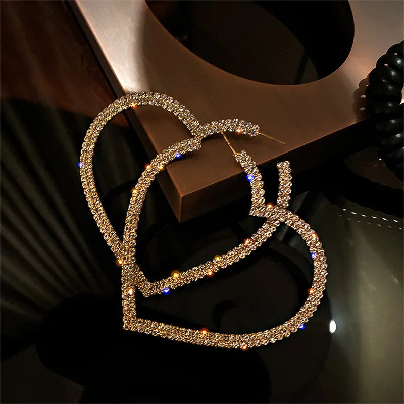 Geometric Heart Crystal Hoop Earrings Rhinestone Statement Jewelry