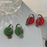 Green Agate Jade Round Hoop Earrings Minimalism Earclip Statement Jewelry