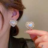 Korea Inlay Zircon Crystal Heart Stud Earrings For Women